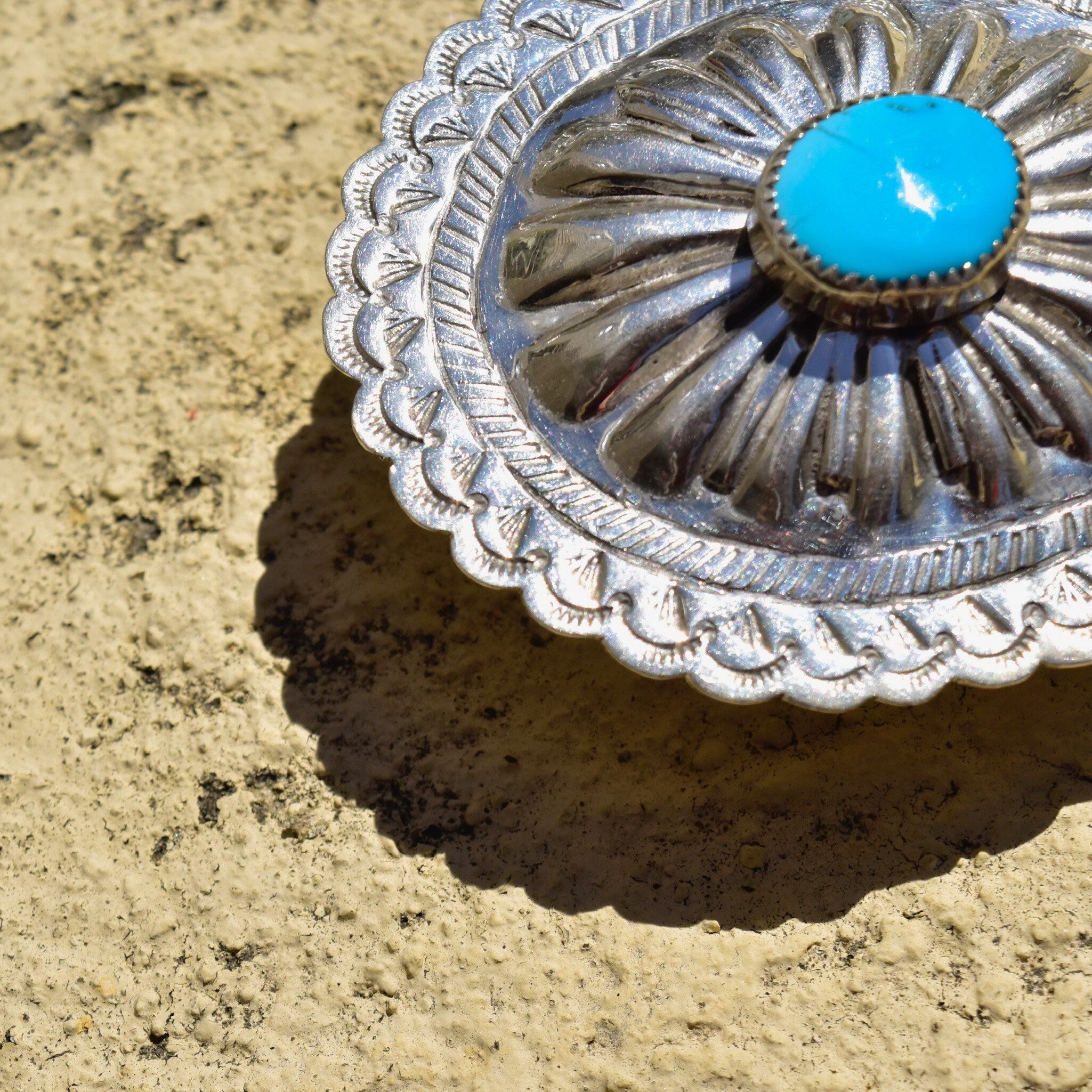 Vintage Native American Turquoise Concho Belt Buckle, Hammered Sterling Silver Buckle, Natural Turquoise Accent, 2 3/4"