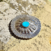 Vintage Native American Turquoise Concho Belt Buckle, Hammered Sterling Silver Buckle, Natural Turquoise Accent, 2 3/4"