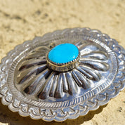 Vintage Native American Turquoise Concho Belt Buckle, Hammered Sterling Silver Buckle, Natural Turquoise Accent, 2 3/4"