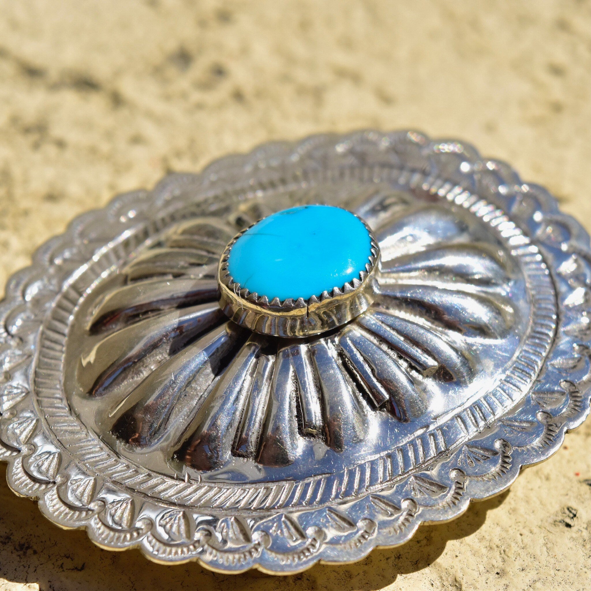 Vintage Native American Turquoise Concho Belt Buckle, Hammered Sterling Silver Buckle, Natural Turquoise Accent, 2 3/4"