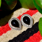 Vintage Bohemian Sterling Silver Black Onyx Stud Earrings, Ornate Silver Settings, Polished Gemstone Cabochon, 925 Statement Earrings, 28mm