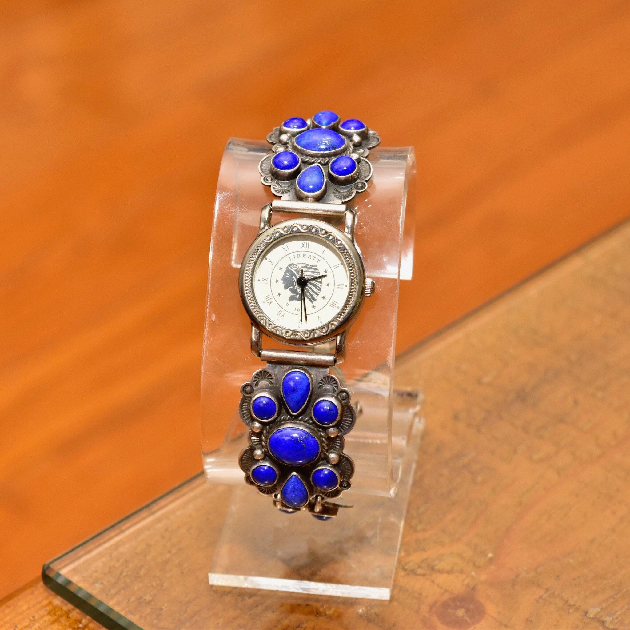 Vintage Liberty 1911 Navajo A. Cadman Sterling Silver Lapis Lazuli Ladies Wrist Watch, Legacy Quartz Automatic Watch, Adjustable Bracelet