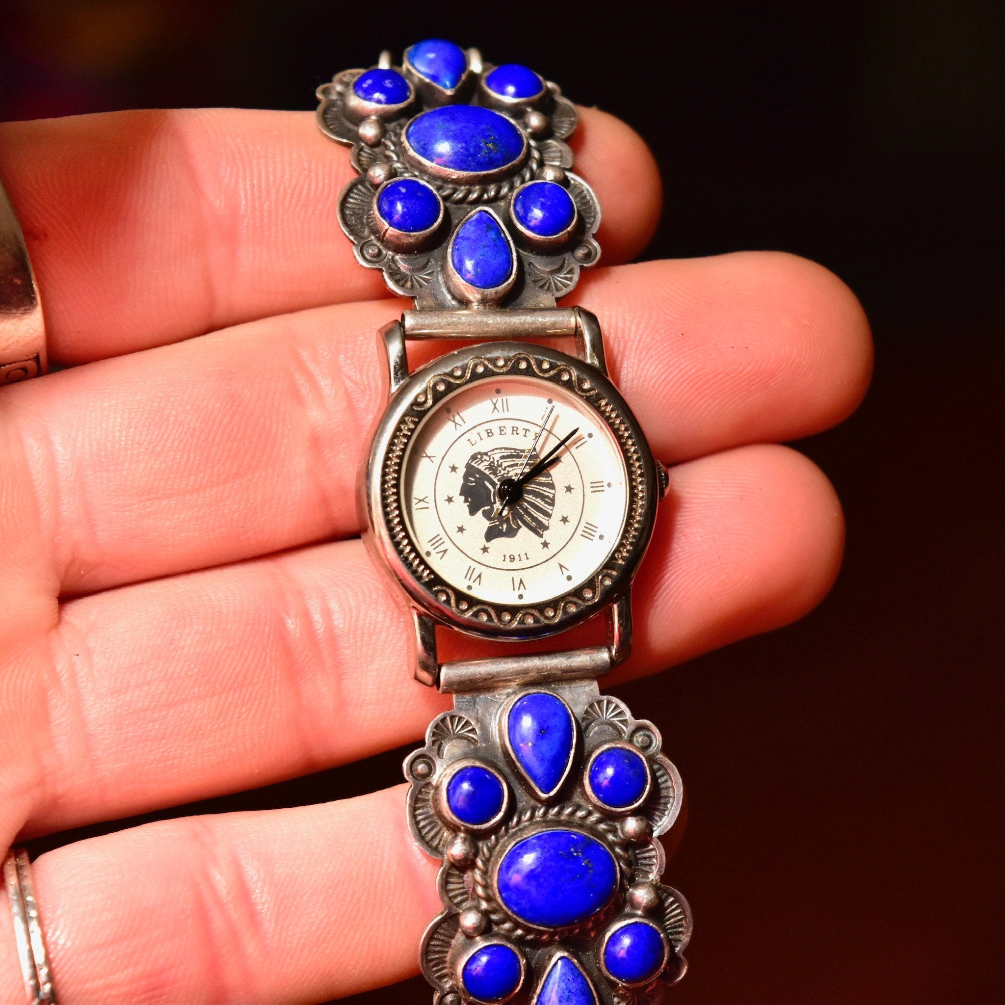 Vintage Liberty 1911 Navajo A. Cadman Sterling Silver Lapis Lazuli Ladies Wrist Watch, Legacy Quartz Automatic Watch, Adjustable Bracelet