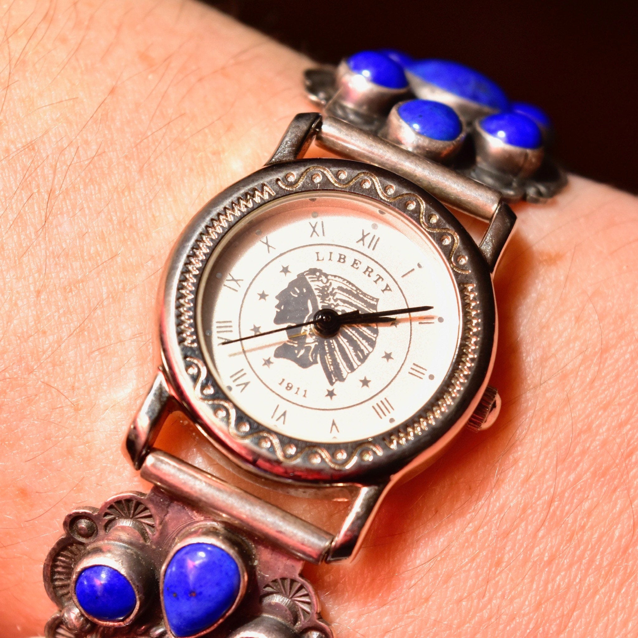 Vintage Liberty 1911 Navajo A. Cadman Sterling Silver Lapis Lazuli Ladies Wrist Watch, Legacy Quartz Automatic Watch, Adjustable Bracelet
