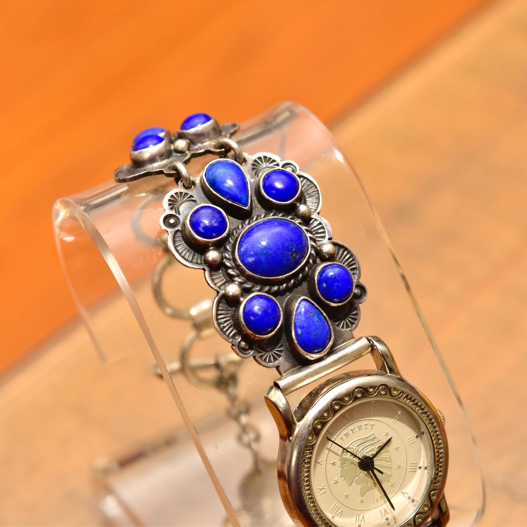 Vintage Liberty 1911 Navajo A. Cadman Sterling Silver Lapis Lazuli Ladies Wrist Watch, Legacy Quartz Automatic Watch, Adjustable Bracelet