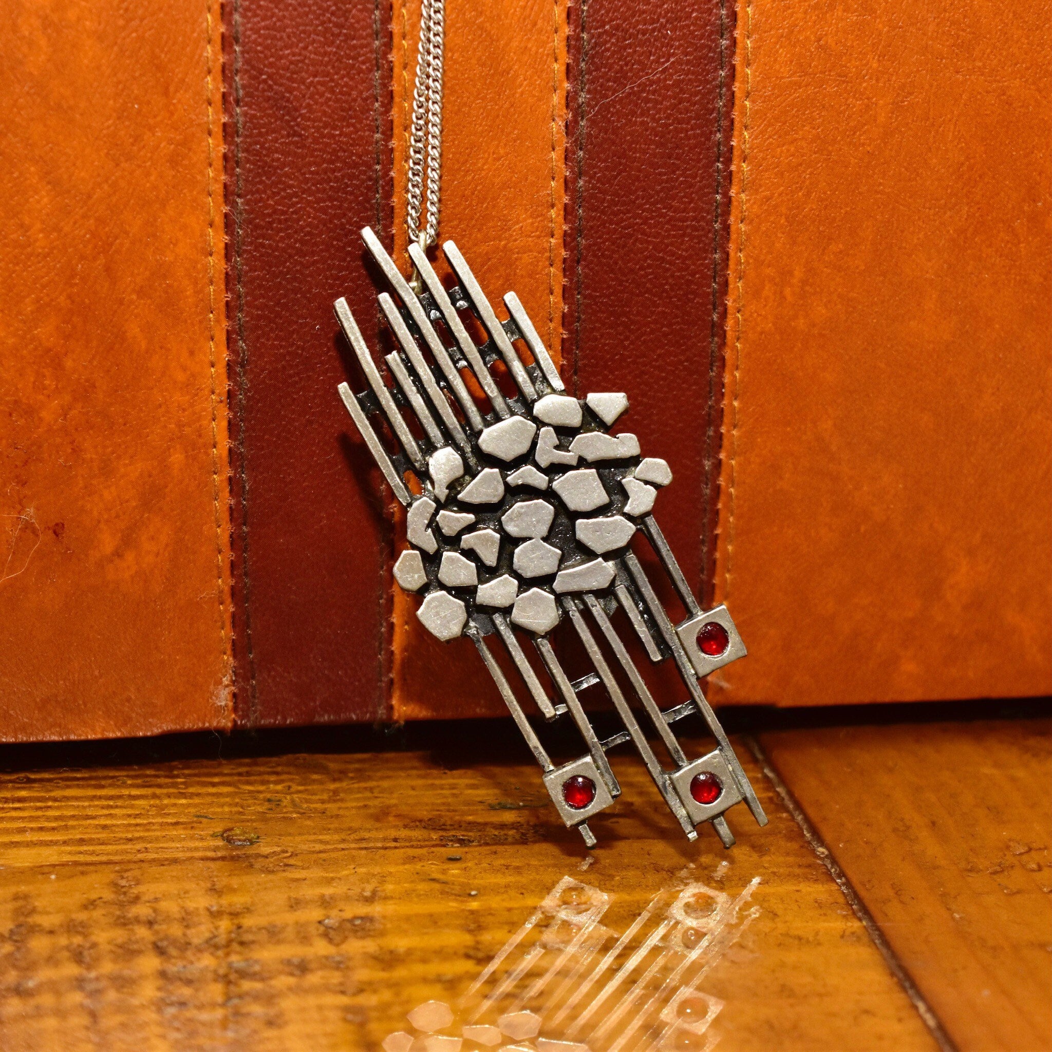 Vintage Brutalist Modernist Sterling Silver Garnet Pendant Necklace, Large Abstract Pendant W/ Red Stone Accents, Avant Garde Jewelry