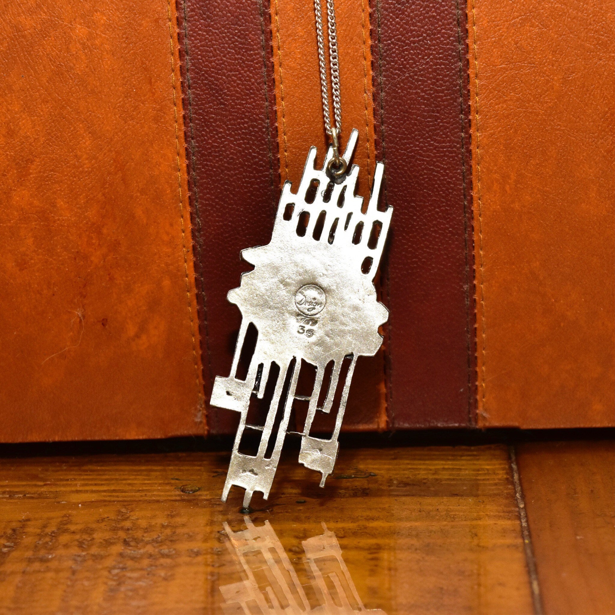 Vintage Brutalist Modernist Sterling Silver Garnet Pendant Necklace, Large Abstract Pendant W/ Red Stone Accents, Avant Garde Jewelry