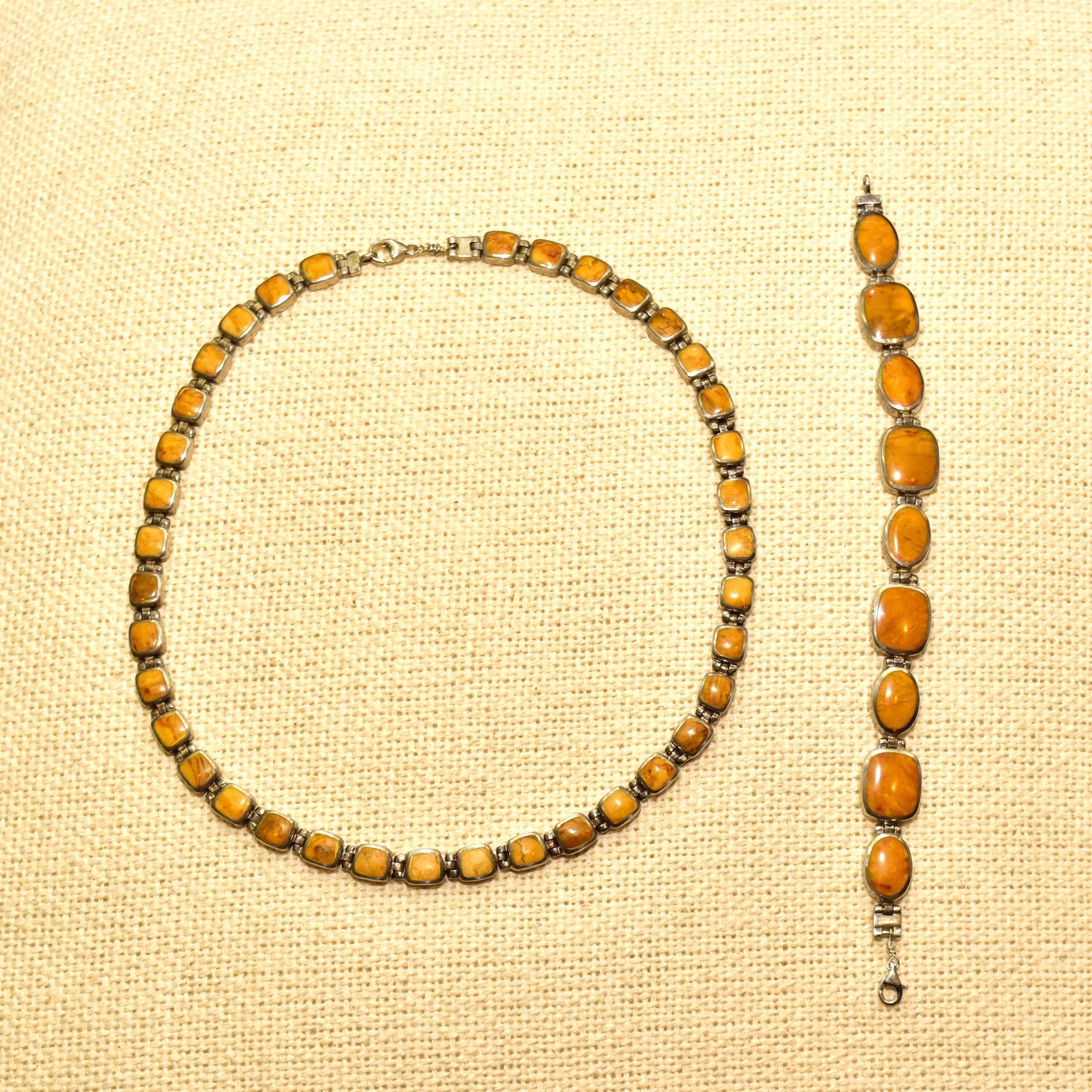 Vintage Sterling Silver Gemstone Link Necklace & Bracelet, Bohemian Modernist Collar Necklace, Geometric Bracelet, 925 Statement Jewelry,