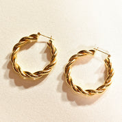 Gold Twist Hoops In 14K, Solid Yellow Gold Spiral Hoops, Chunky Statement Earrings, Vintage Jewelry, 40mm