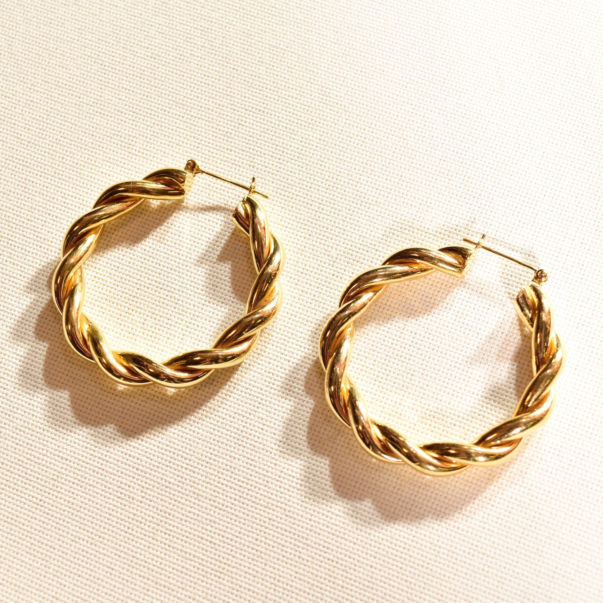 Gold Twist Hoops In 14K, Solid Yellow Gold Spiral Hoops, Chunky Statement Earrings, Vintage Jewelry, 40mm