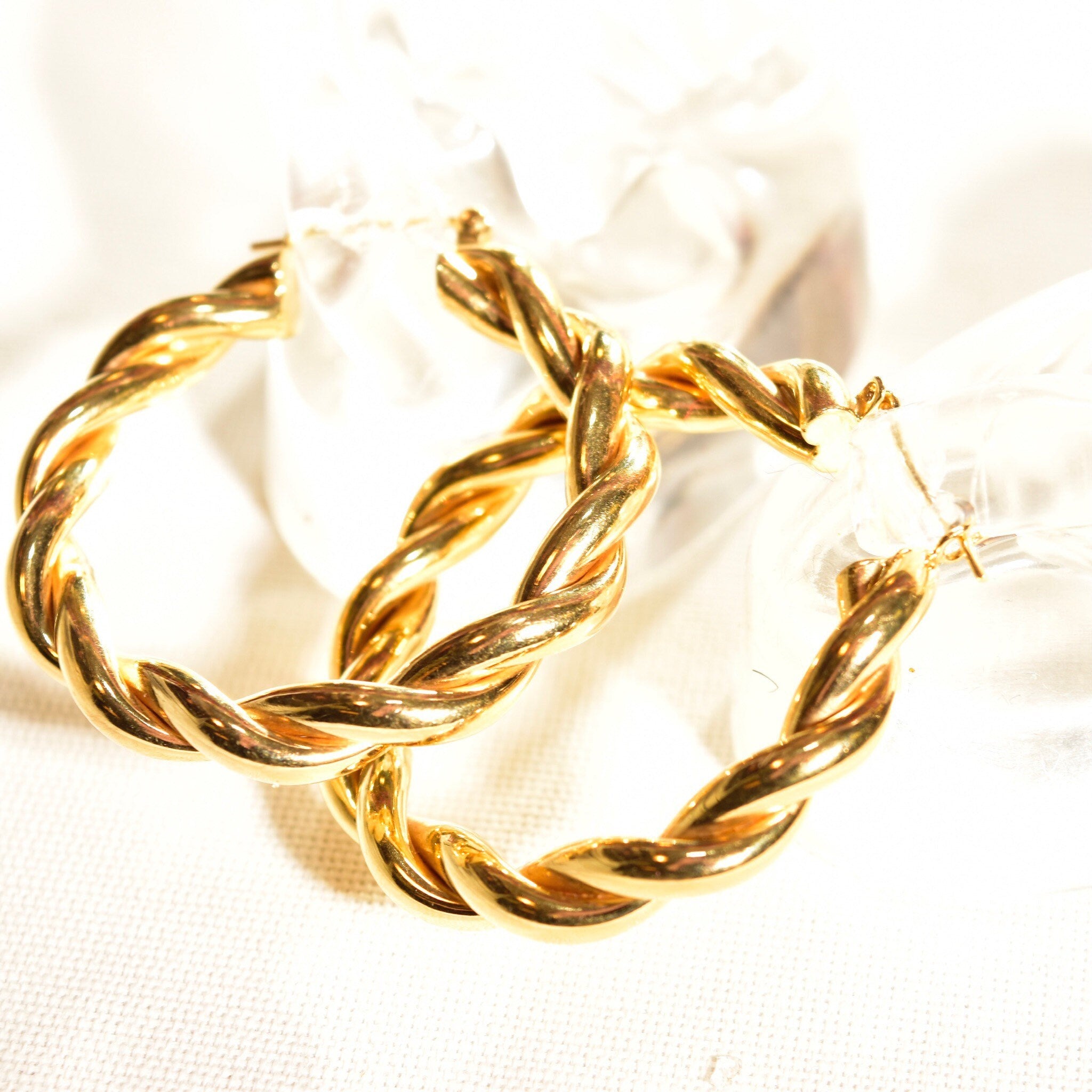 Gold Twist Hoops In 14K, Solid Yellow Gold Spiral Hoops, Chunky Statement Earrings, Vintage Jewelry, 40mm