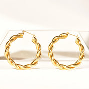 Gold Twist Hoops In 14K, Solid Yellow Gold Spiral Hoops, Chunky Statement Earrings, Vintage Jewelry, 40mm