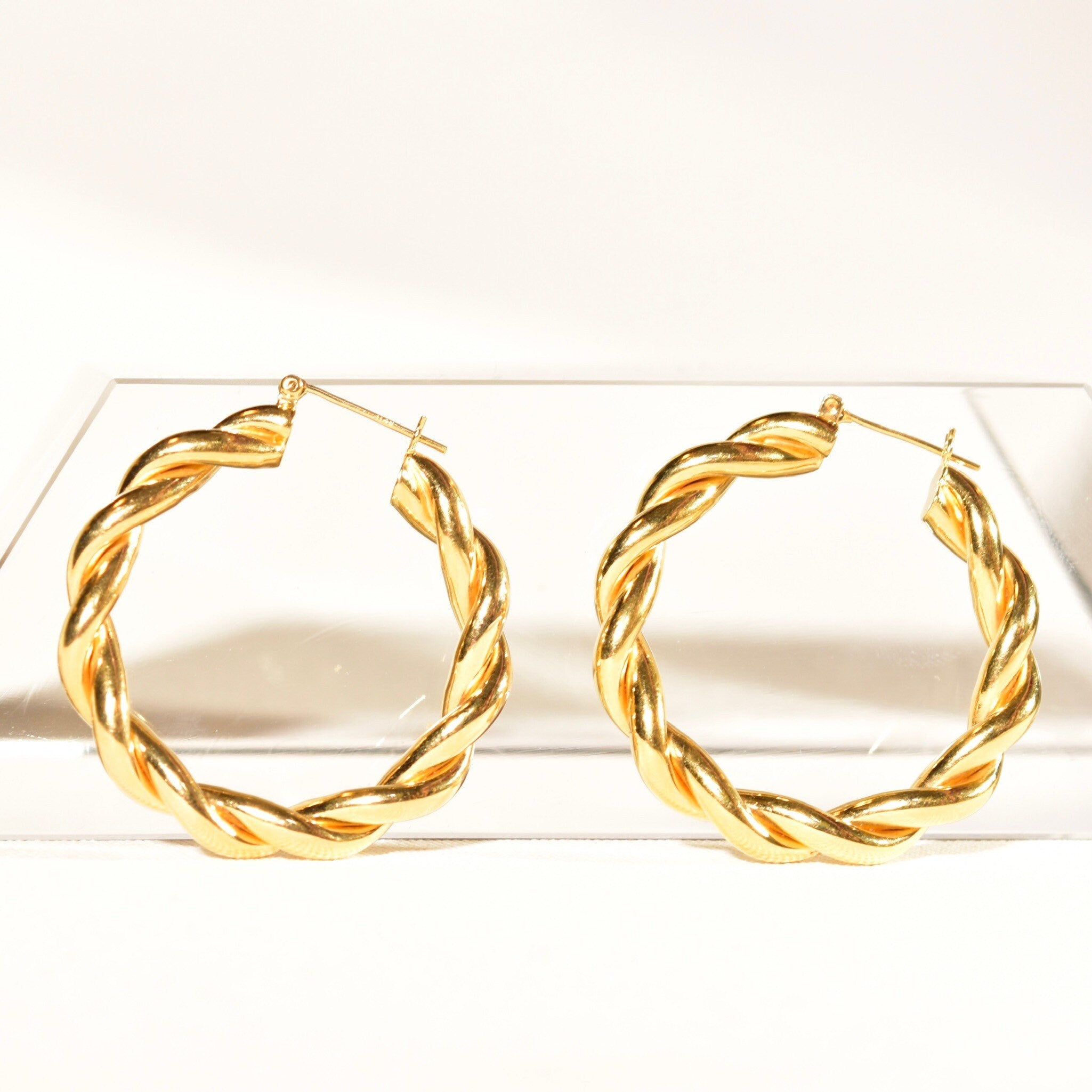 Gold Twist Hoops In 14K, Solid Yellow Gold Spiral Hoops, Chunky Statement Earrings, Vintage Jewelry, 40mm