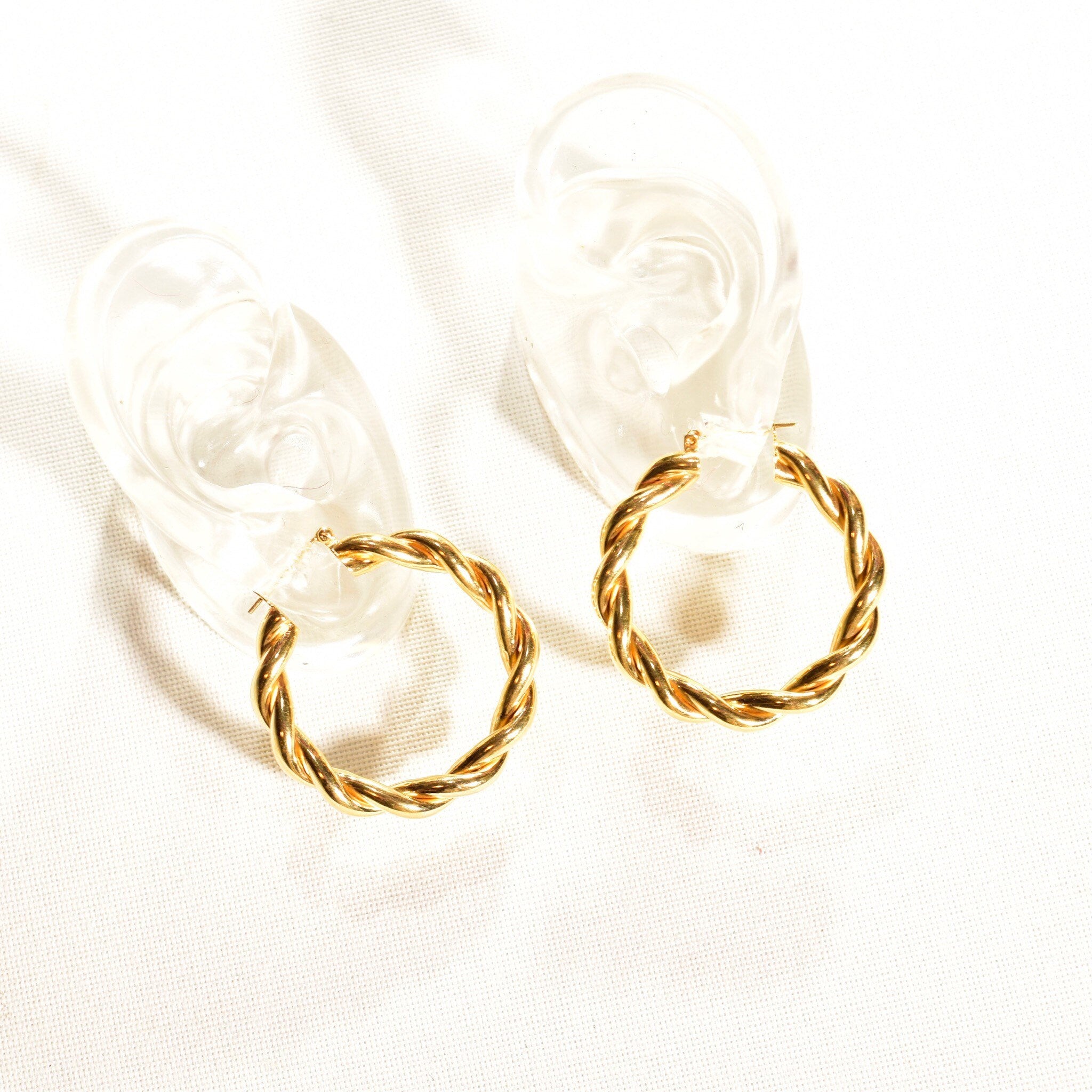 Gold Twist Hoops In 14K, Solid Yellow Gold Spiral Hoops, Chunky Statement Earrings, Vintage Jewelry, 40mm