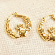 Vintage 14K Gold Irish Claddagh Hoop, Puffed Yellow Gold Hoops, Large Claddagh Symbol, Love, Loyalty, Friendship, 585 Gold Hoops, 33mm