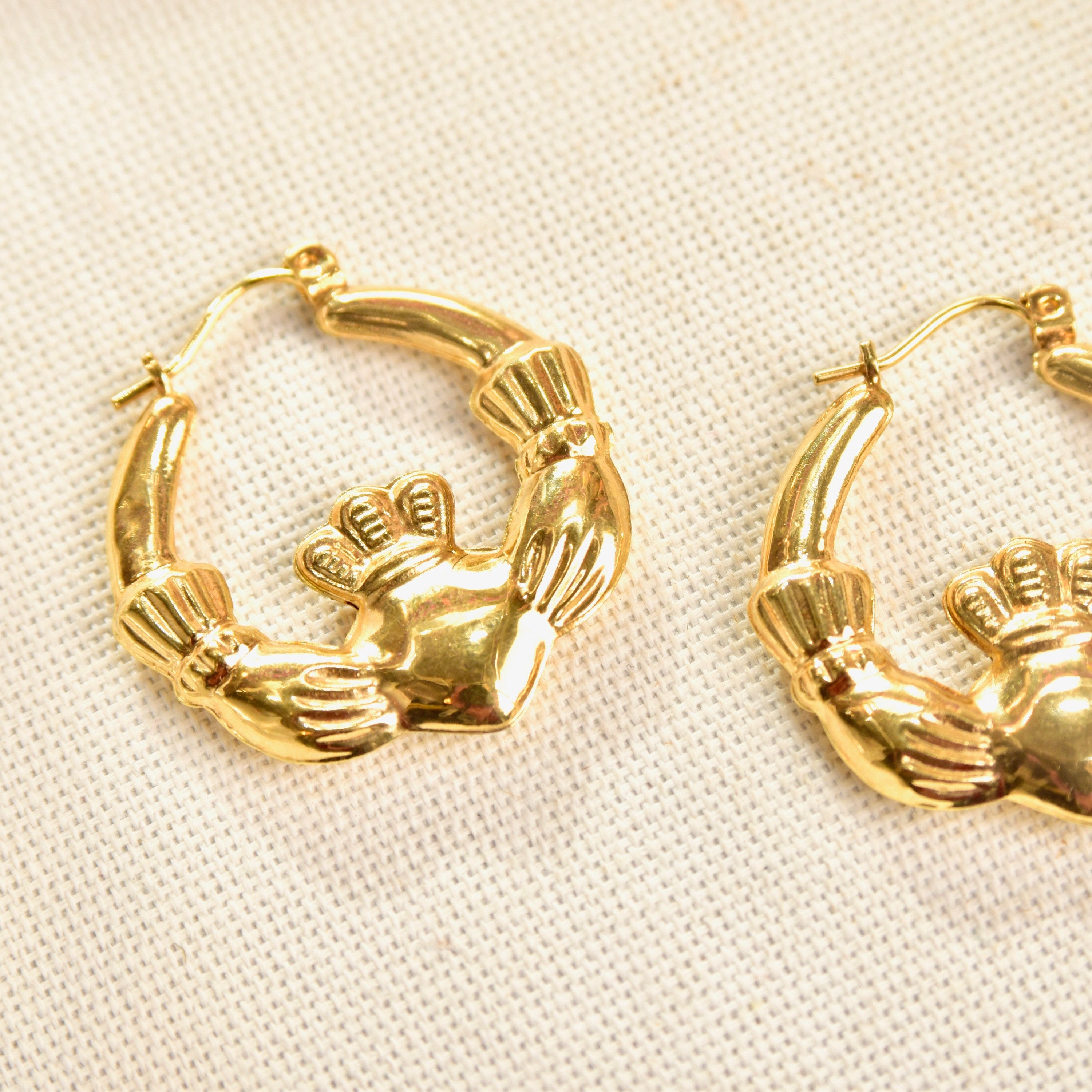 Vintage 14K Gold Irish Claddagh Hoop, Puffed Yellow Gold Hoops, Large Claddagh Symbol, Love, Loyalty, Friendship, 585 Gold Hoops, 33mm