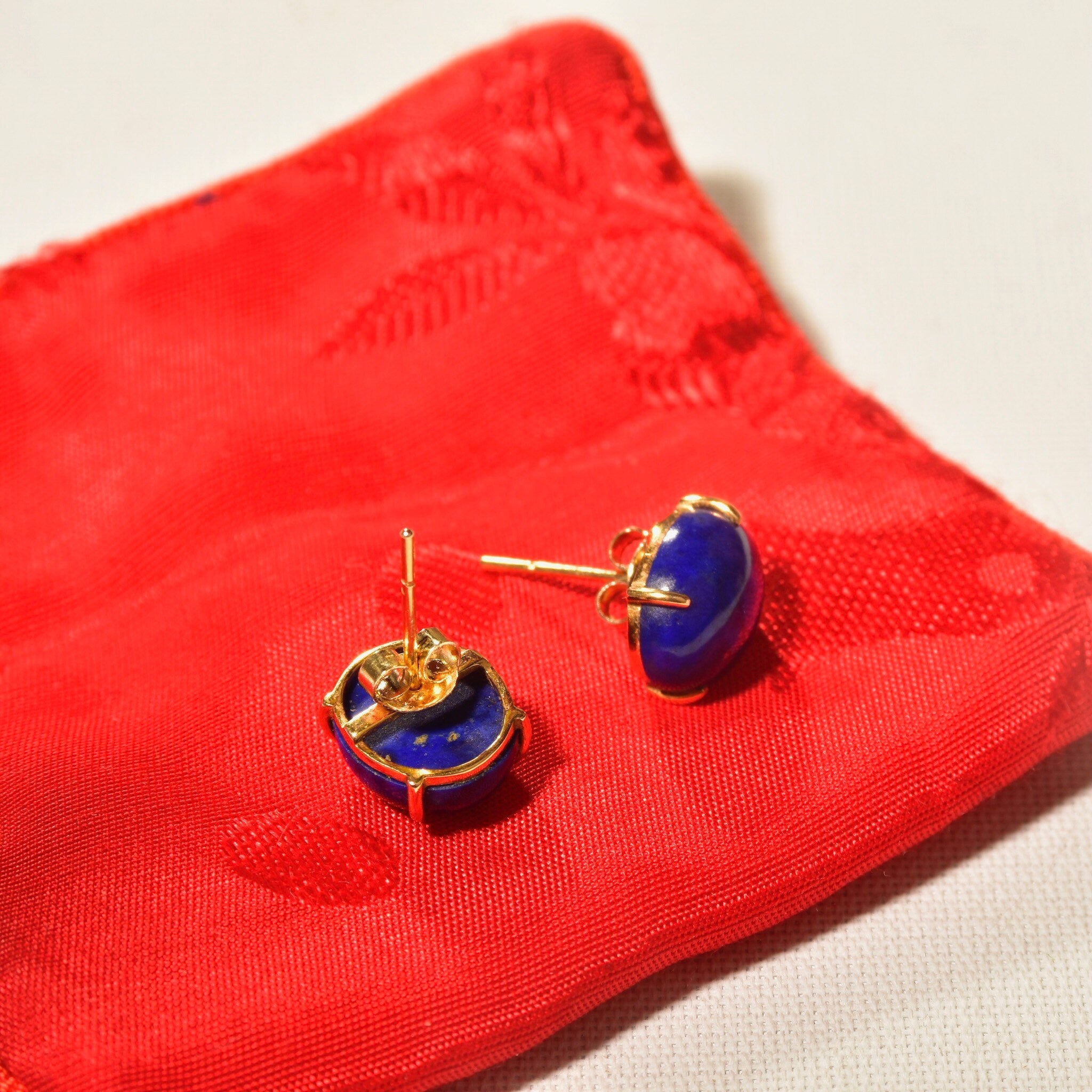 14K Lapis Lazuli Button Stud Earrings, Cobalt Blue Oval Cabochon Studs, Gemstone Jewelry, 12mm