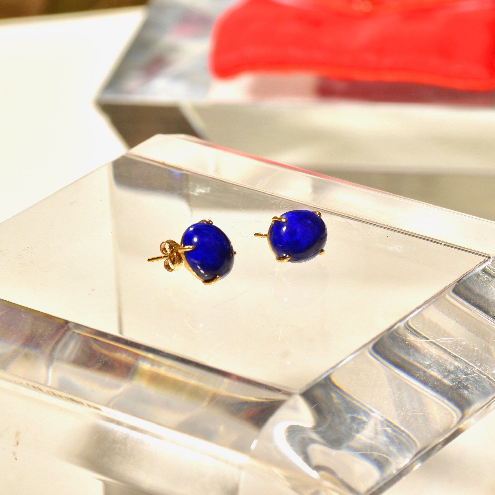 14K Lapis Lazuli Button Stud Earrings, Cobalt Blue Oval Cabochon Studs, Gemstone Jewelry, 12mm