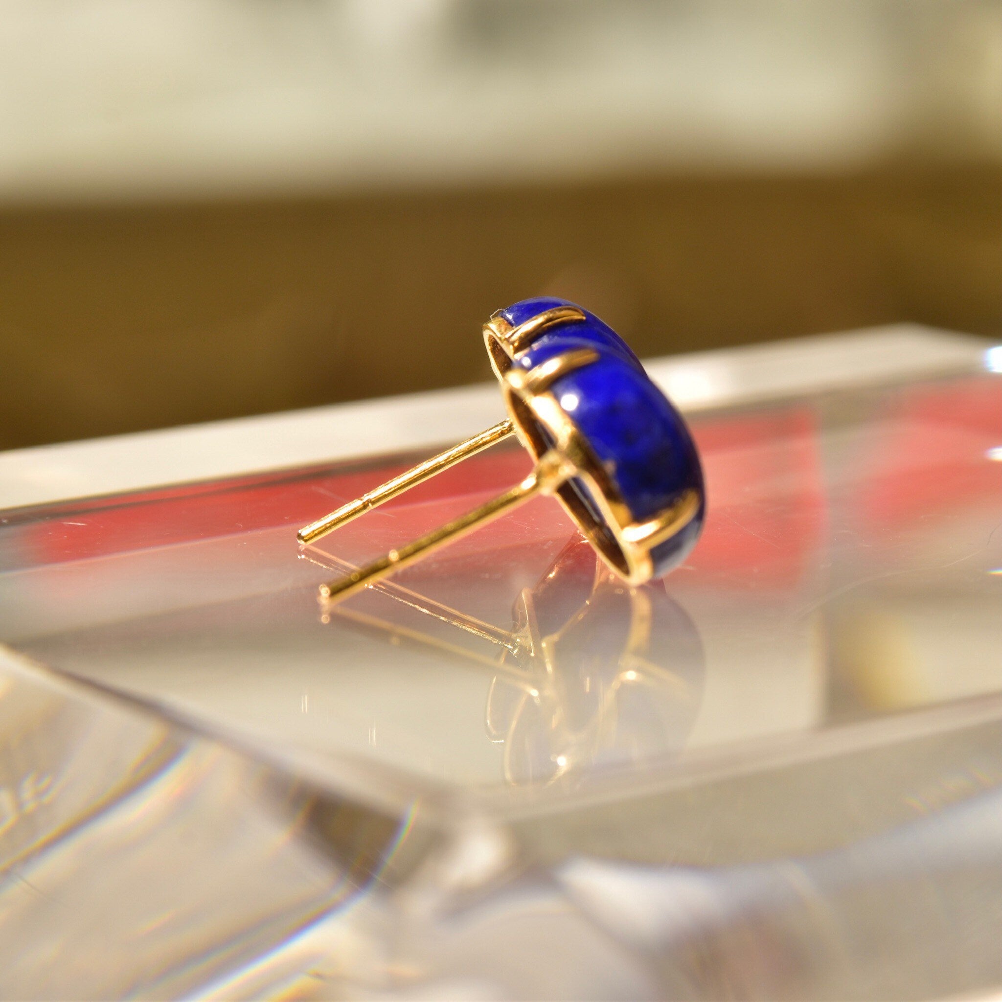 14K Lapis Lazuli Button Stud Earrings, Cobalt Blue Oval Cabochon Studs, Gemstone Jewelry, 12mm