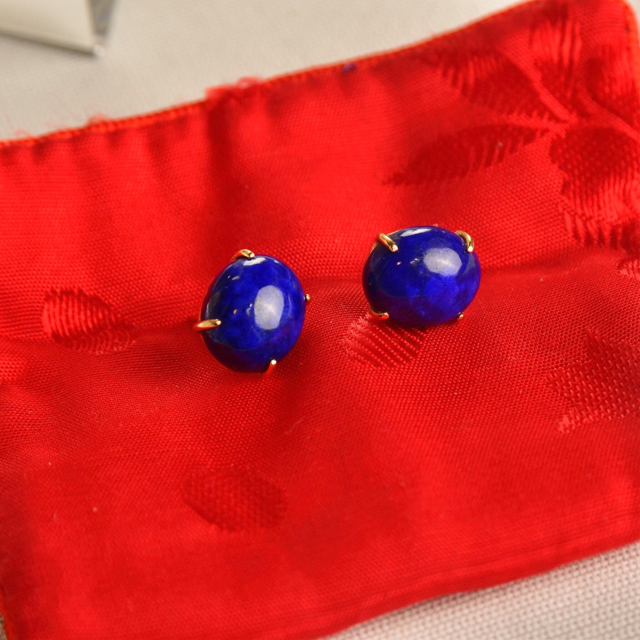 14K Lapis Lazuli Button Stud Earrings, Cobalt Blue Oval Cabochon Studs, Gemstone Jewelry, 12mm
