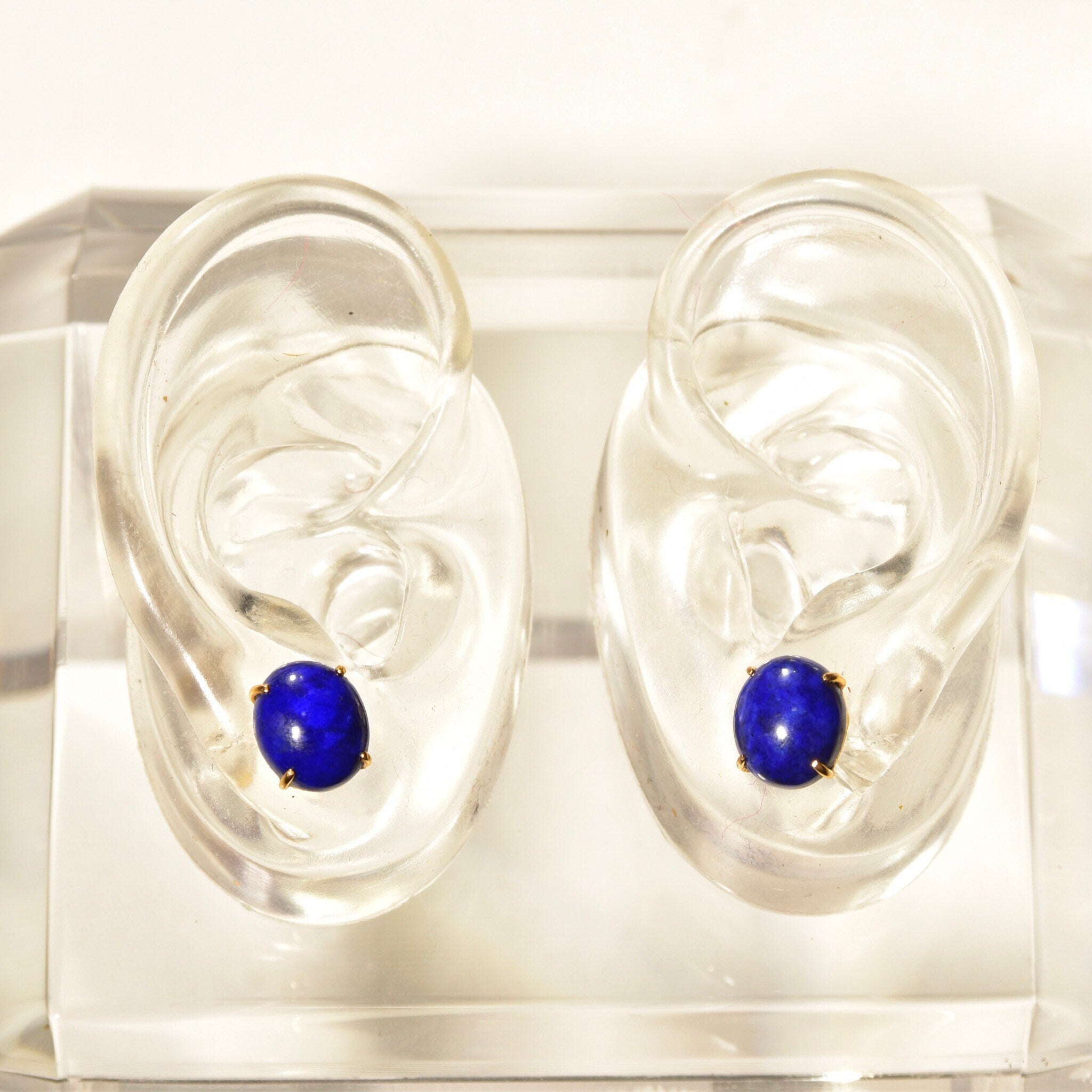 14K Lapis Lazuli Button Stud Earrings, Cobalt Blue Oval Cabochon Studs, Gemstone Jewelry, 12mm