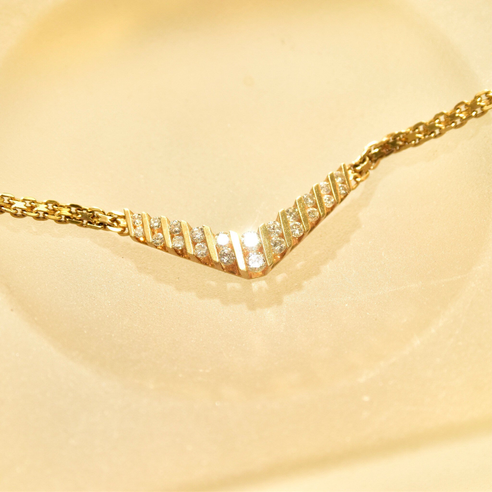 Diamond Chevron Necklace In 14K Yellow Gold, Channel Set Brilliant Diamond Pendant, Mesh Link Chain, 15 1/4" L