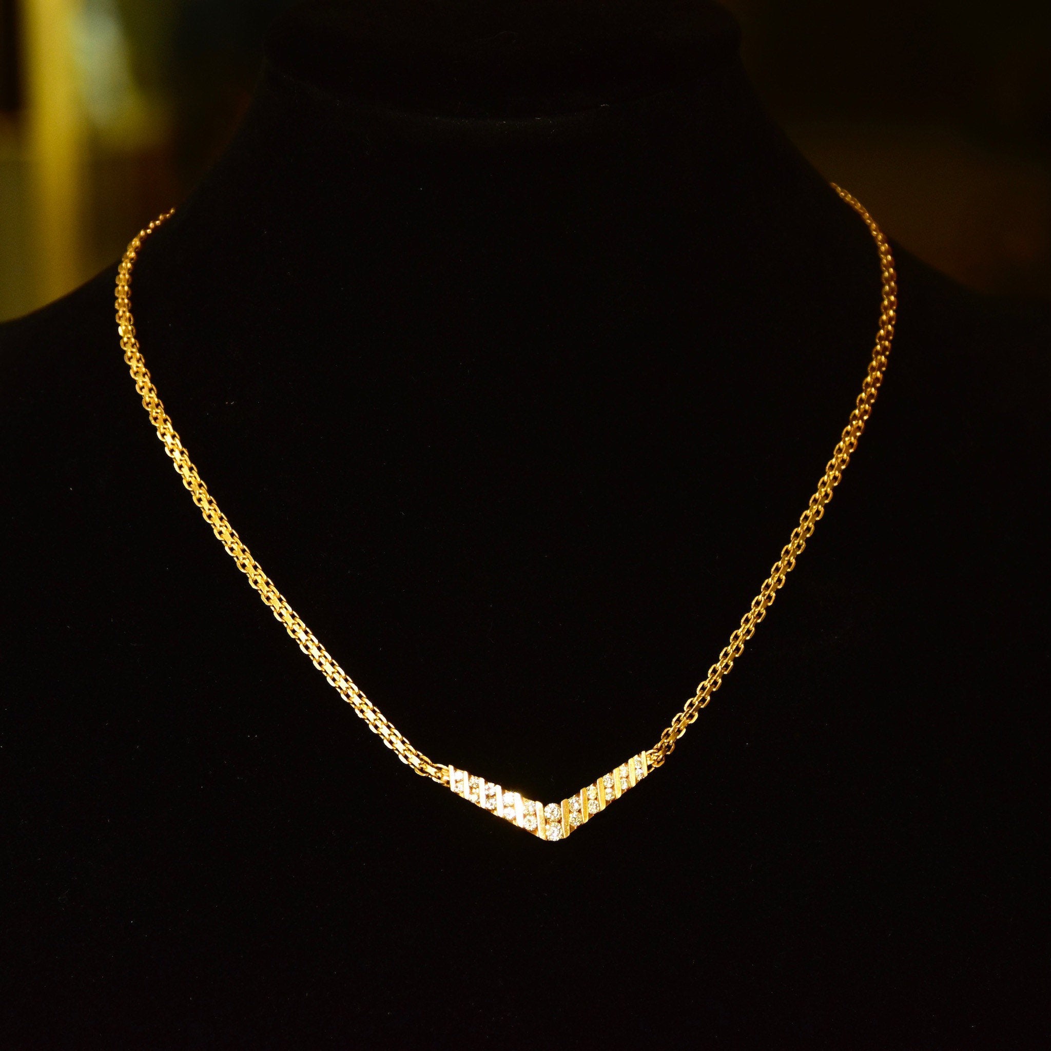 Diamond Chevron Necklace In 14K Yellow Gold, Channel Set Brilliant Diamond Pendant, Mesh Link Chain, 15 1/4" L