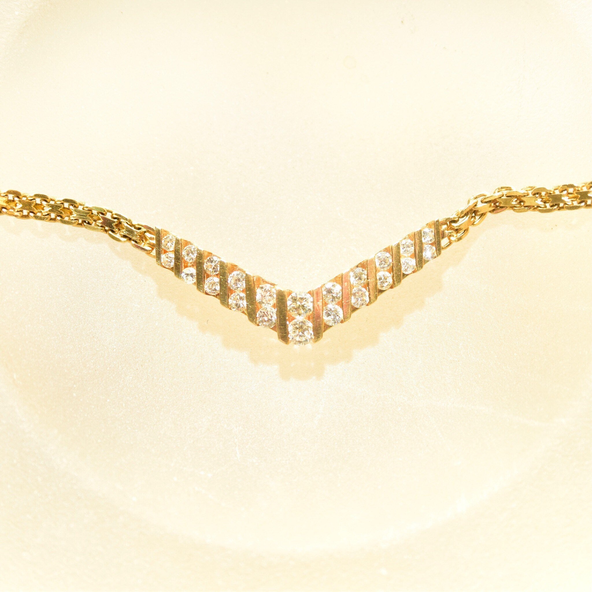 Diamond Chevron Necklace In 14K Yellow Gold, Channel Set Brilliant Diamond Pendant, Mesh Link Chain, 15 1/4" L