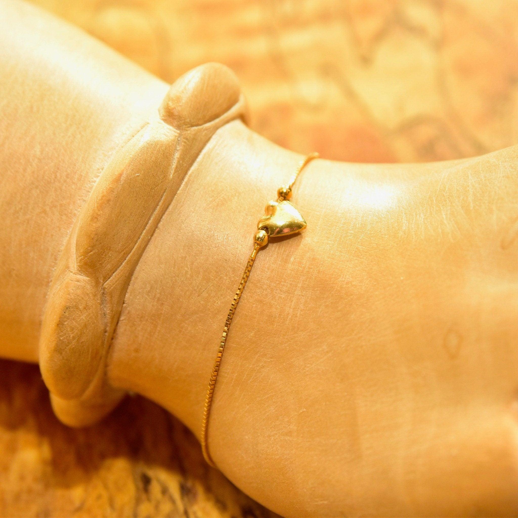 Vintage 14K Gold Heart Baby Charm Bracelet, Box Link Chain, Tiny Yellow Gold Heart, Tiny 585 Bracelet, 5 1/2" L - Good's Vintage