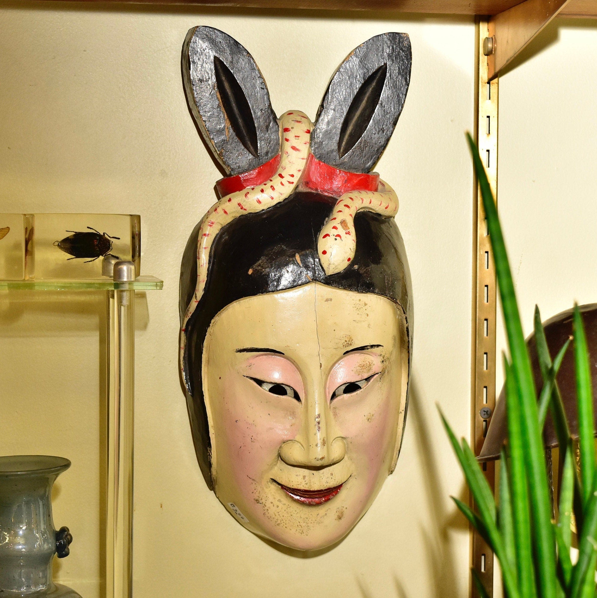 Antique Hand Carved & Painted Wood Japanese Snake Bunny Woman Noh Kabuki Mask, Natural Pigments, Eclectic Home Decor, 15 1/4"