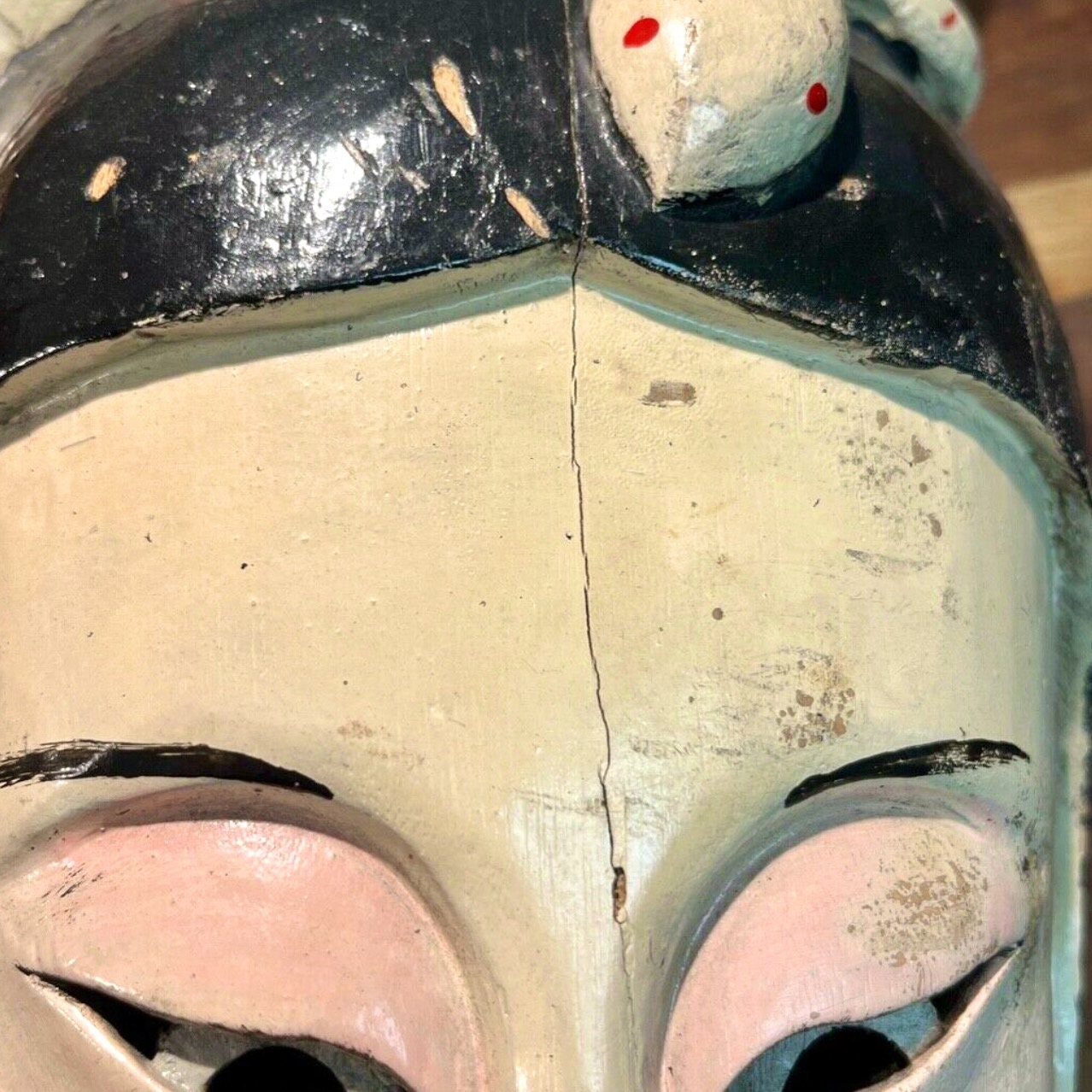 Antique Hand Carved & Painted Wood Japanese Snake Bunny Woman Noh Kabuki Mask, Natural Pigments, Eclectic Home Decor, 15 1/4"