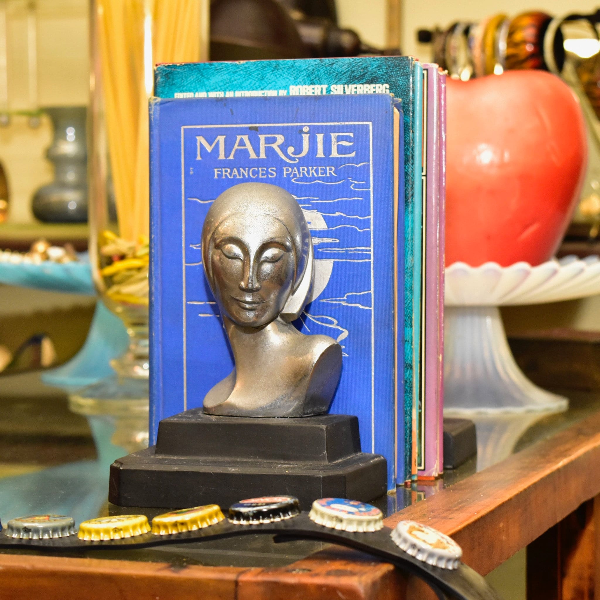 Vintage Art Deco Ladys Bust Bookends After Frankhart Indiana Collectibles, Styled Figural Bookends, Silver & Black, 6 H
