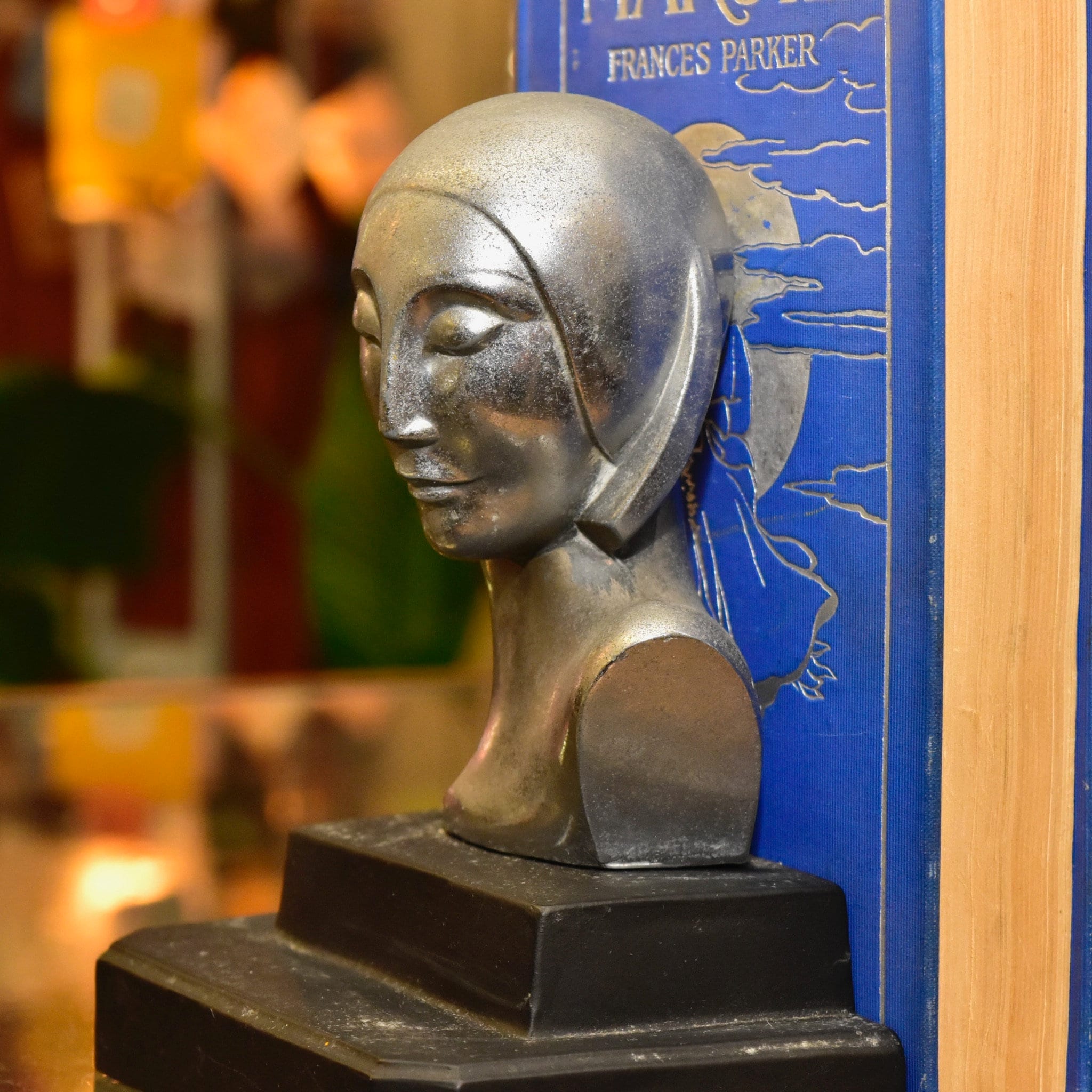 Vintage Art Deco Ladys Bust Bookends After Frankhart Indiana Collectibles, Styled Figural Bookends, Silver & Black, 6 H