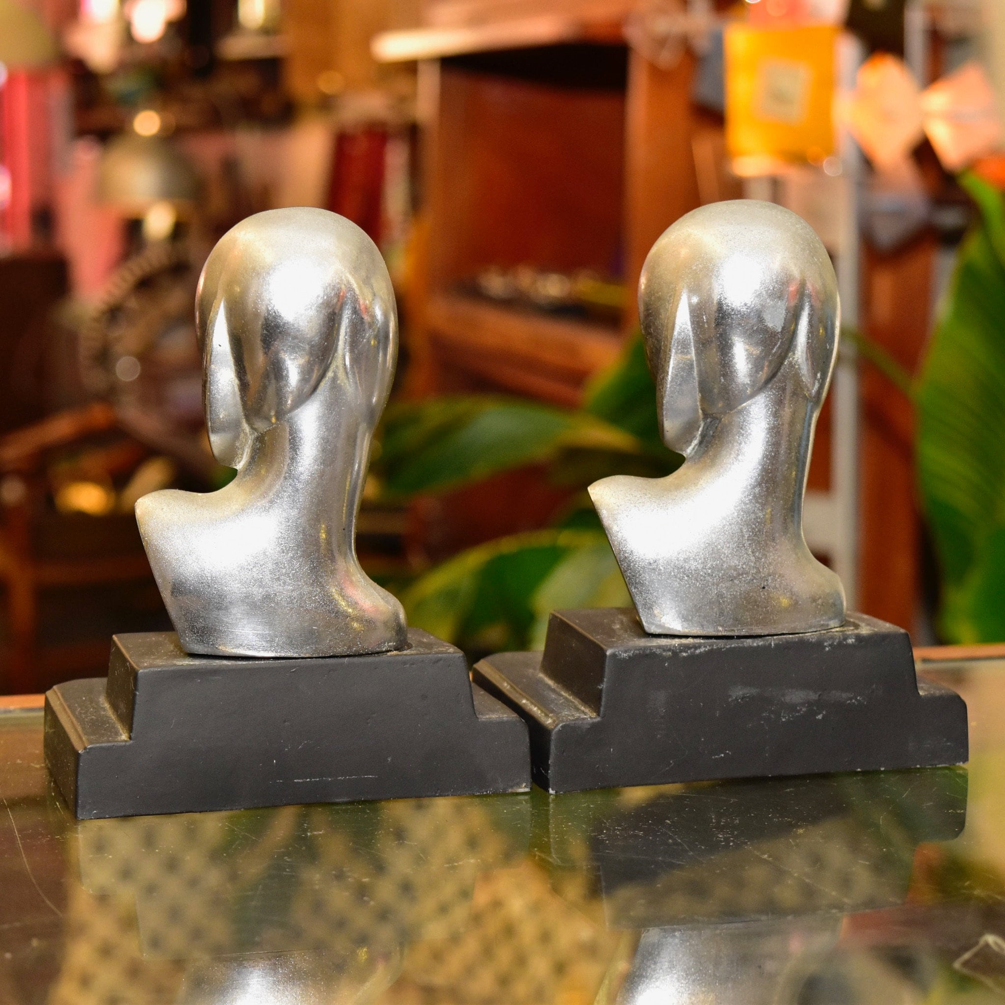 Vintage Art Deco Ladys Bust Bookends After Frankhart Indiana Collectibles, Styled Figural Bookends, Silver & Black, 6 H