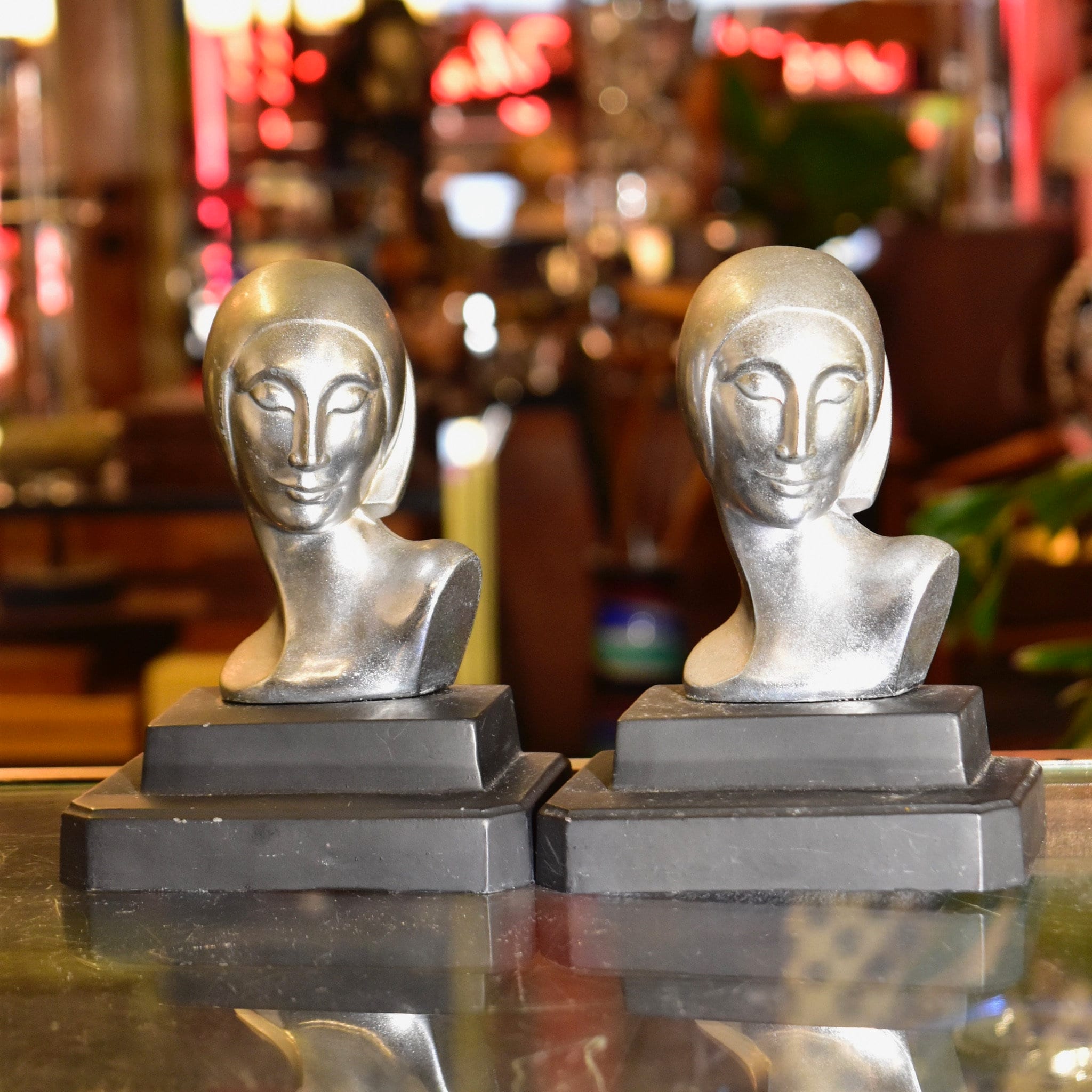 Vintage Art Deco Ladys Bust Bookends After Frankhart Indiana Collectibles, Styled Figural Bookends, Silver & Black, 6 H