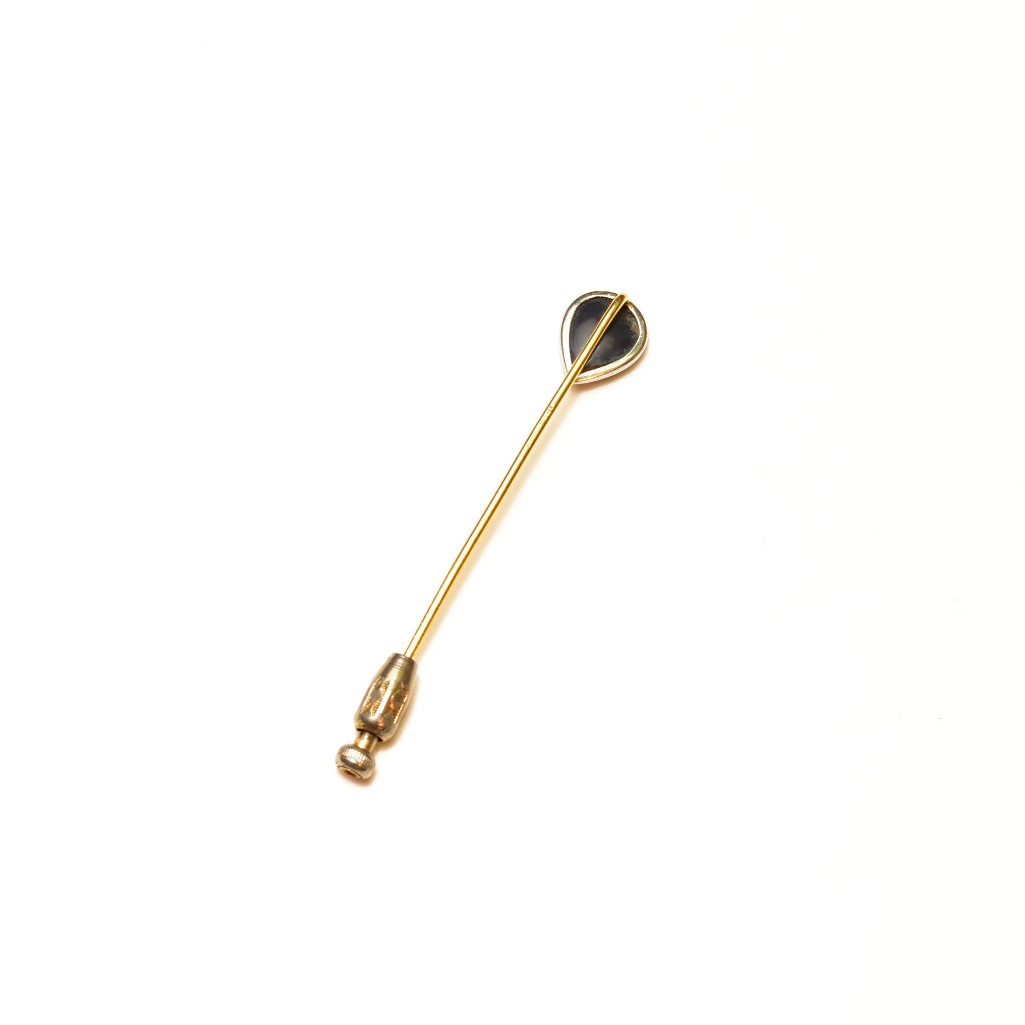 Edwardian Tiffany & Co. 18K Black Opal Stick Pin, Pear-Cut Gemstone, White Gold Setting, Yellow Gold Post, 2 3/4" L