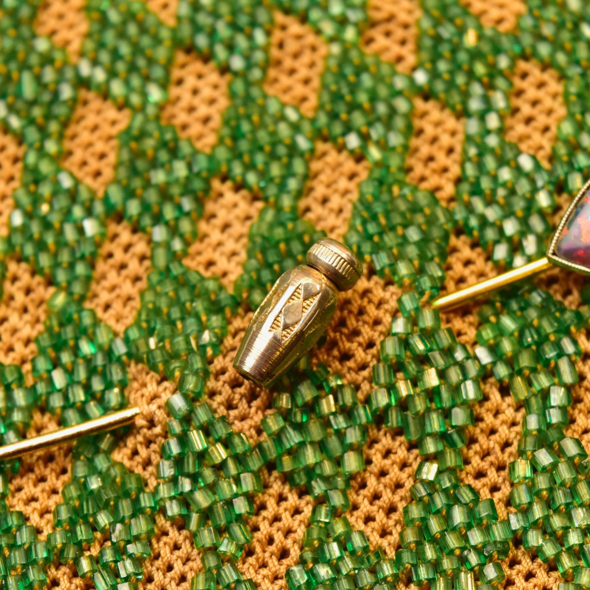 Edwardian Tiffany & Co. 18K Black Opal Stick Pin, Pear-Cut Gemstone, White Gold Setting, Yellow Gold Post, 2 3/4" L