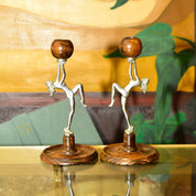 Vintage Art Deco Chrome & Wood Nude Dancing Lady Candlestick Holders, Decorative Figural Candle Stands, 8 3/4" H