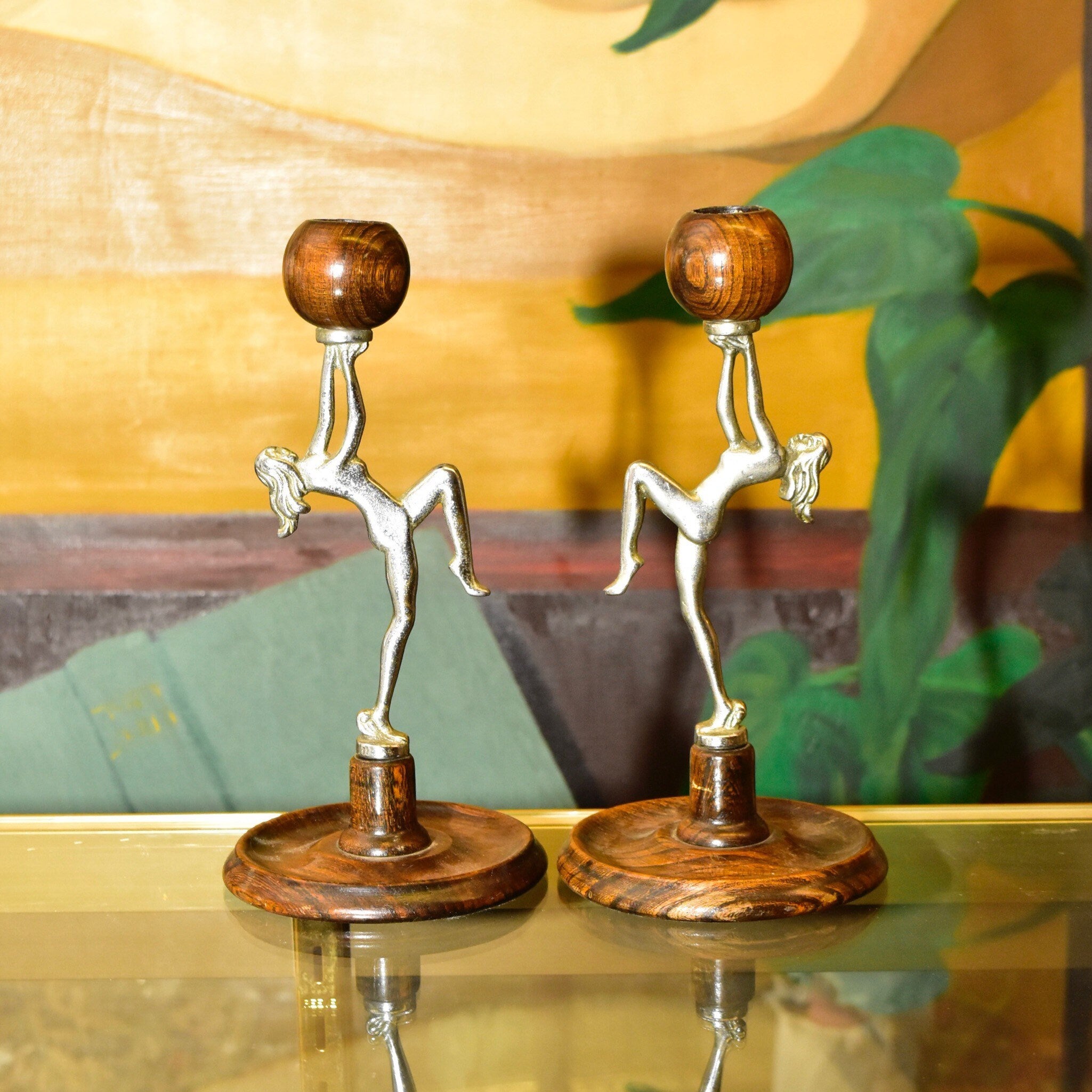 Vintage Art Deco Chrome & Wood Nude Dancing Lady Candlestick Holders, Decorative Figural Candle Stands, 8 3/4" H