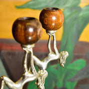Vintage Art Deco Chrome & Wood Nude Dancing Lady Candlestick Holders, Decorative Figural Candle Stands, 8 3/4" H