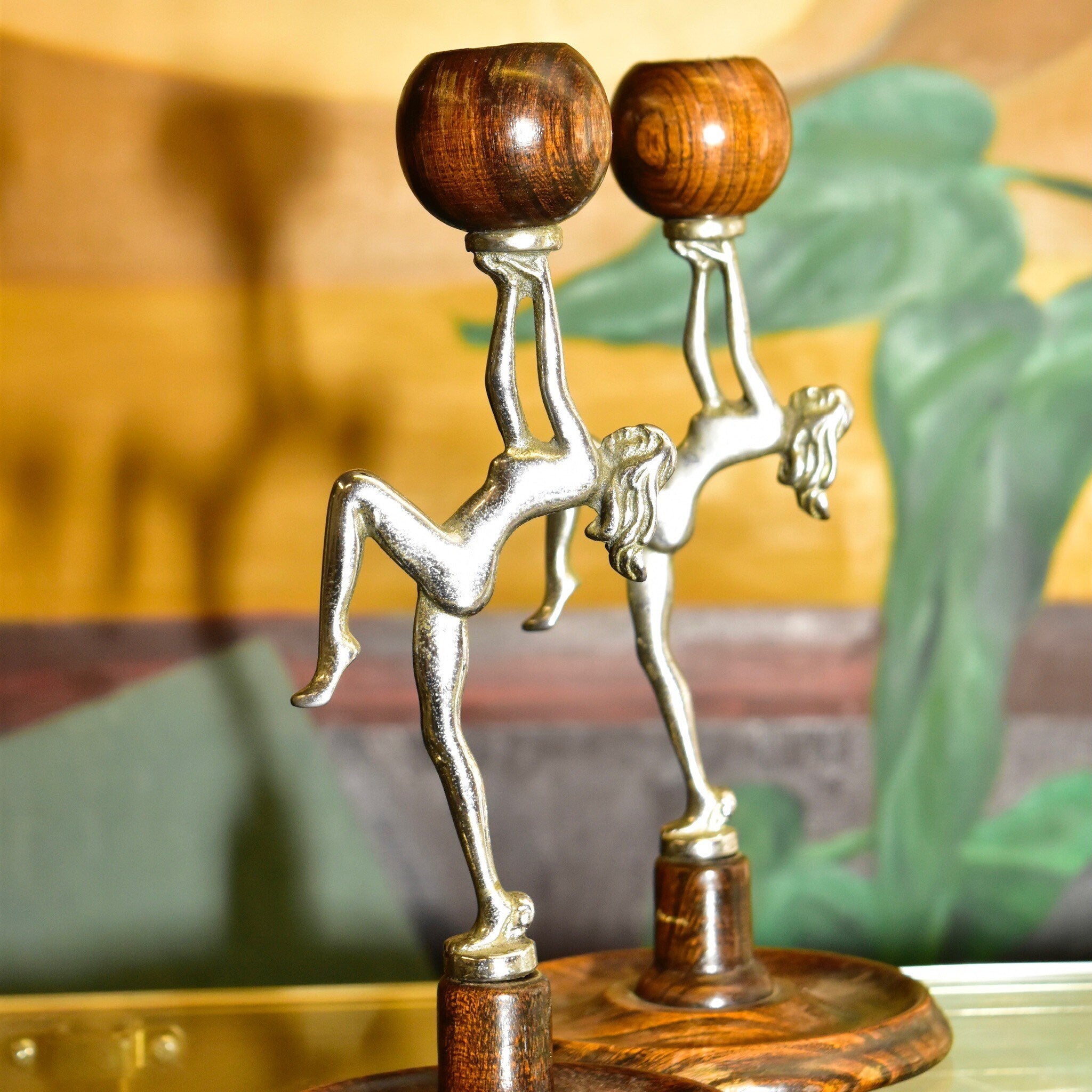 Vintage Art Deco Chrome & Wood Nude Dancing Lady Candlestick Holders, Decorative Figural Candle Stands, 8 3/4" H