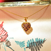Vintage 18KT Gold Puffed Gemstone Heart Pendant W/ 10K Gold Necklace, Pinky Ruby & Blue Sapphire, Dainty Cable Chain, 18 1/4" L