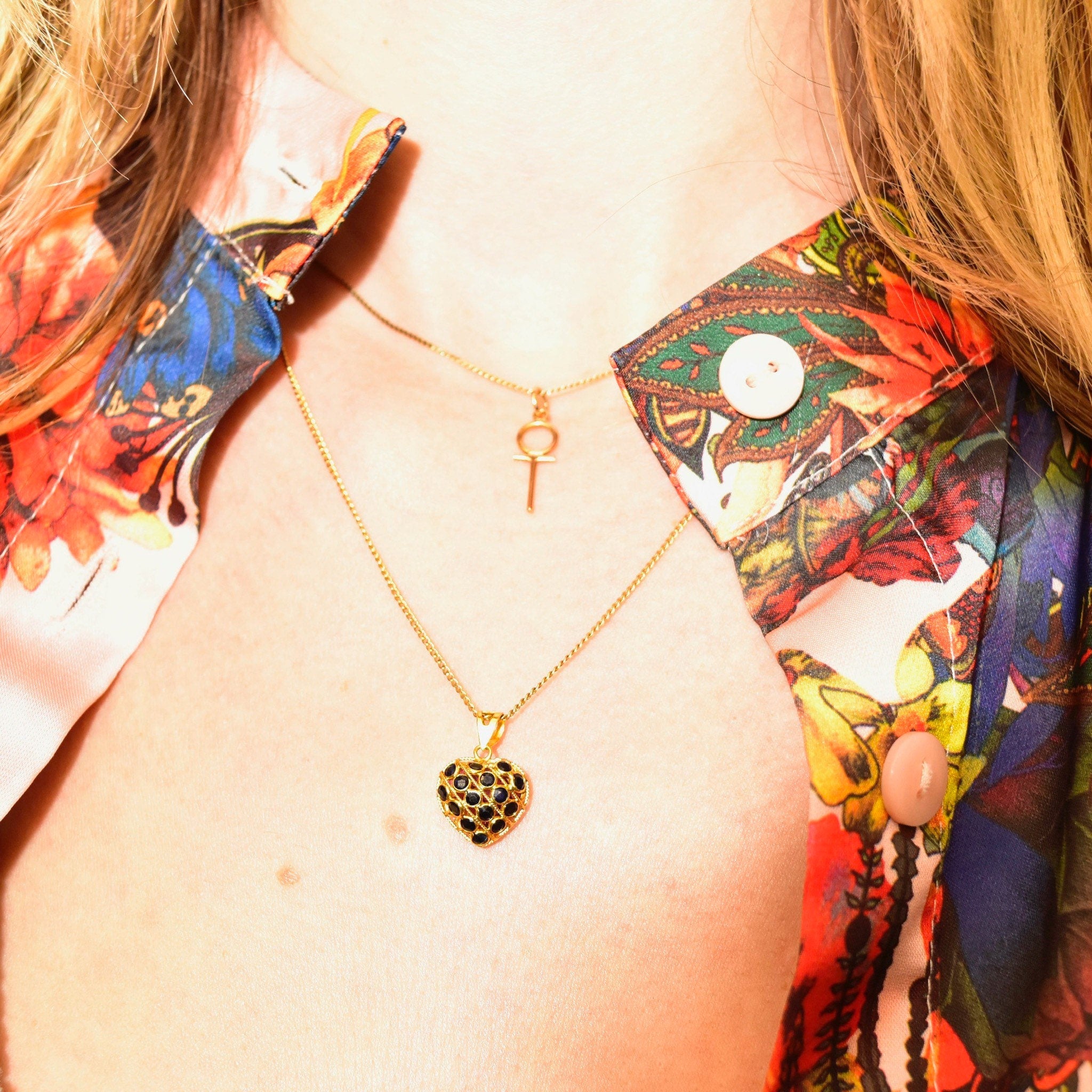 Vintage 18KT Gold Puffed Gemstone Heart Pendant W/ 10K Gold Necklace, Pinky Ruby & Blue Sapphire, Dainty Cable Chain, 18 1/4" L