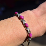 Vintage Sterling Silver Pink Star Sapphire Link Bracelet, Synthetic Gemstone Cabochon Asterisms, Diamond-Cut Leaf Links, 7 1/8" L