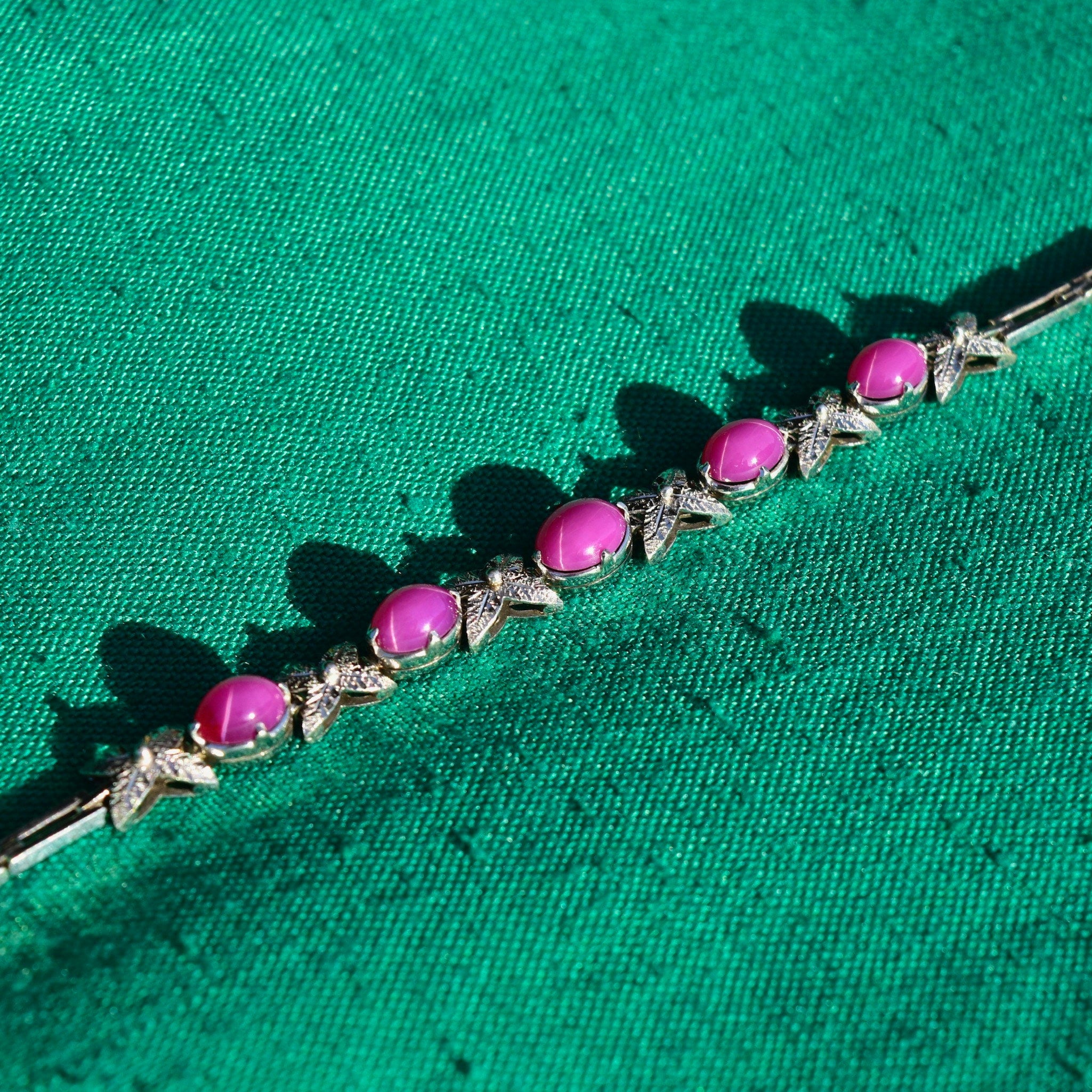 Vintage Sterling Silver Pink Star Sapphire Link Bracelet, Synthetic Gemstone Cabochon Asterisms, Diamond-Cut Leaf Links, 7 1/8" L
