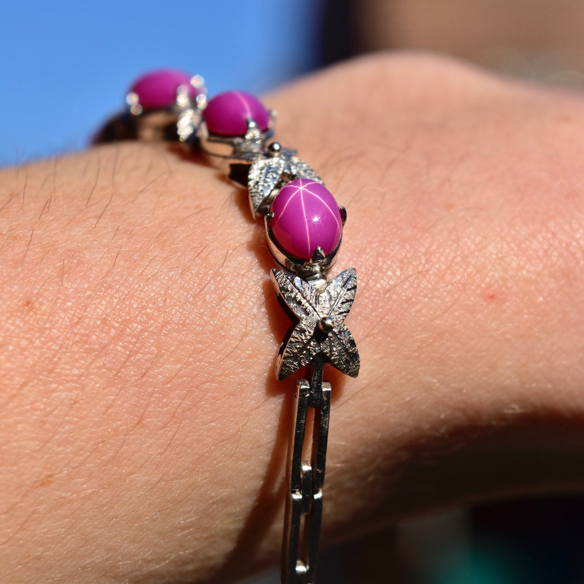 Vintage Sterling Silver Pink Star Sapphire Link Bracelet, Synthetic Gemstone Cabochon Asterisms, Diamond-Cut Leaf Links, 7 1/8" L