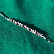 Vintage Sterling Silver Pink Star Sapphire Link Bracelet, Synthetic Gemstone Cabochon Asterisms, Diamond-Cut Leaf Links, 7 1/8" L
