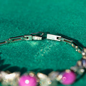 Vintage Sterling Silver Pink Star Sapphire Link Bracelet, Synthetic Gemstone Cabochon Asterisms, Diamond-Cut Leaf Links, 7 1/8" L