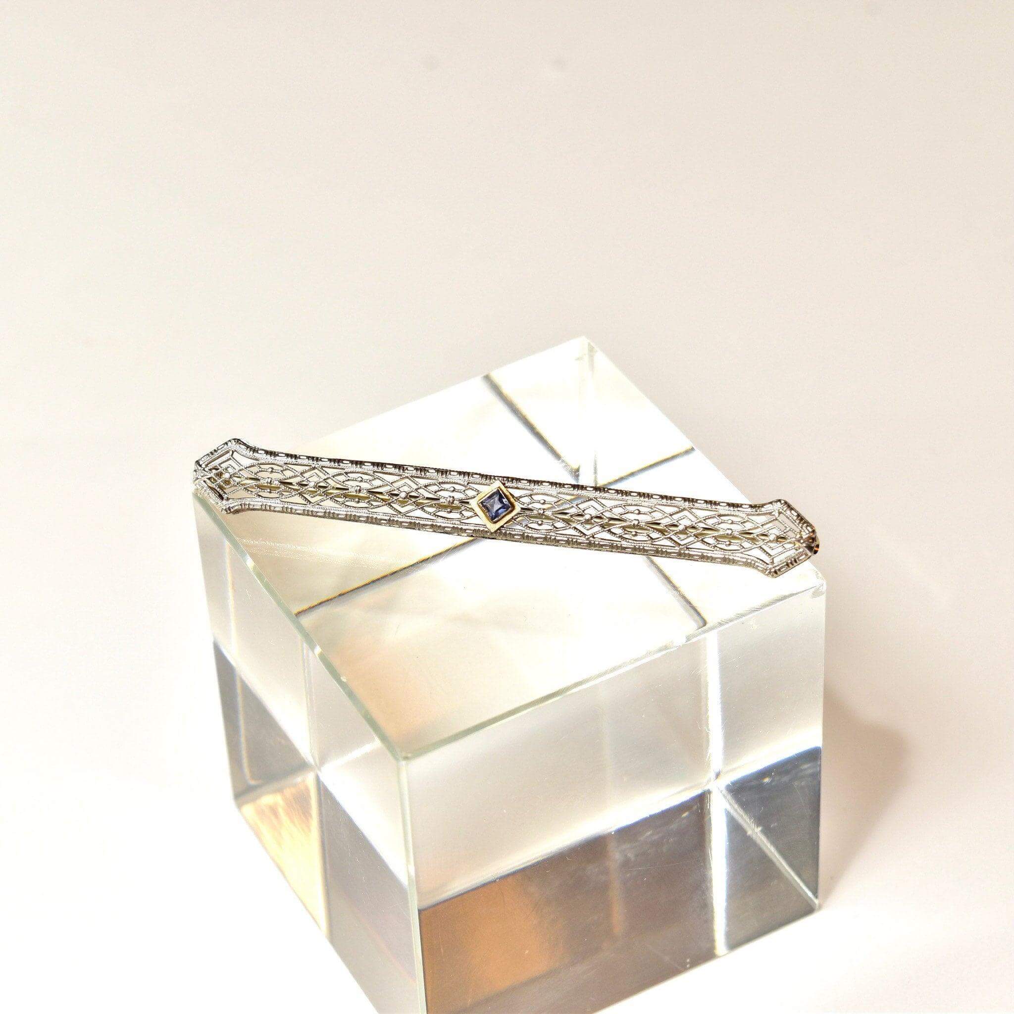 Antique Art Deco 14k White Gold Filigree Blue Topaz Bar Pin, Intricate Filigree Lattice, Yellow Gold Setting, Emerald-Cut Gemstone, 2 5/8" L - Good's Vintage