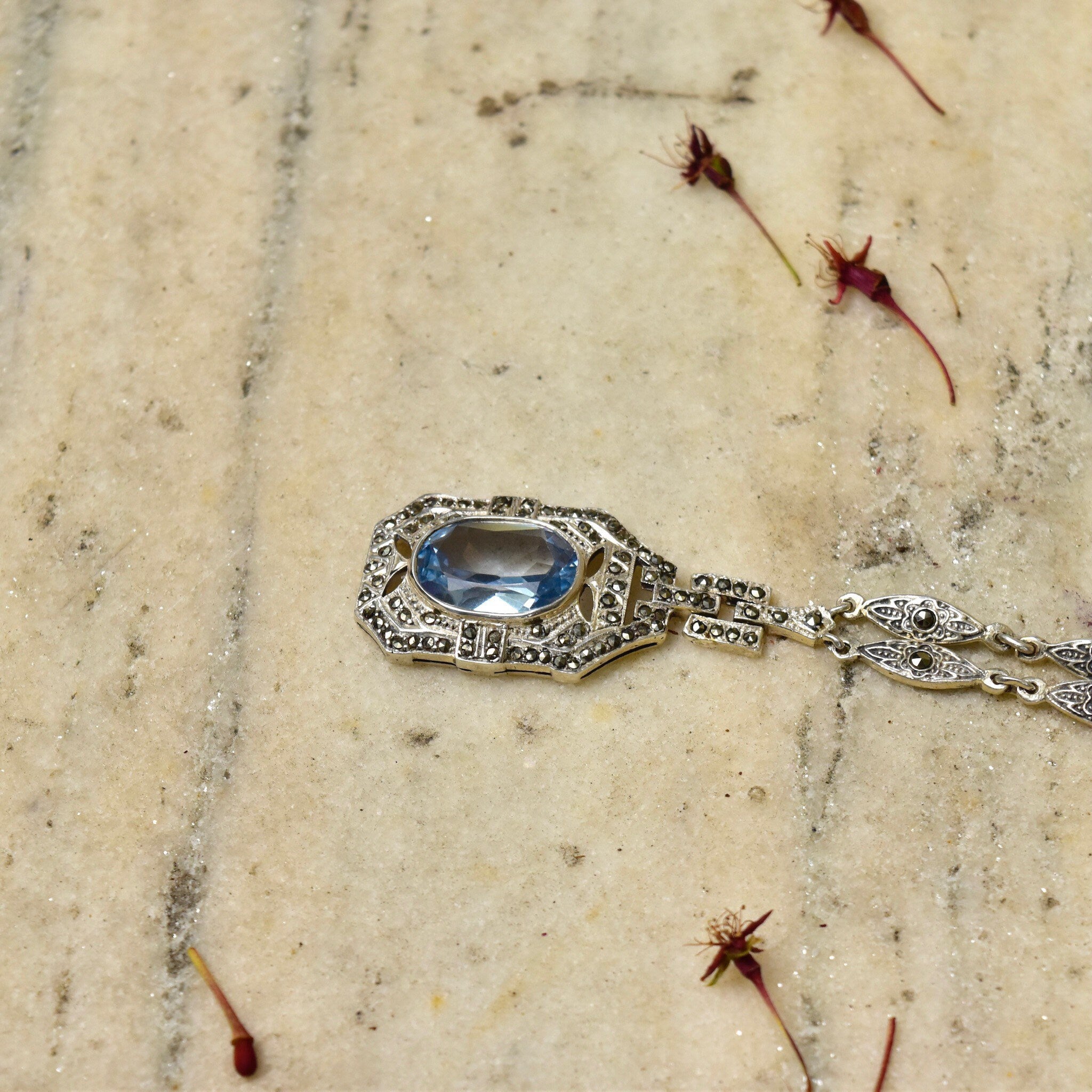 Art Deco Sterling Silver Blue Topaz Lavalier Necklace, Marcasite Encrusted, Ornate Marquise Link Chain, 17" L